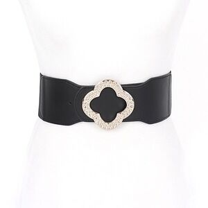 Plus Size Black Elastic Stretch Statement Belt with Gold Rhinestone Buckle